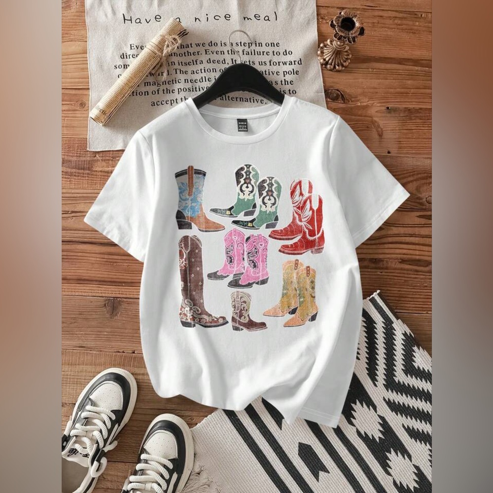 White T-Shirt with Colorful Western Boot Print